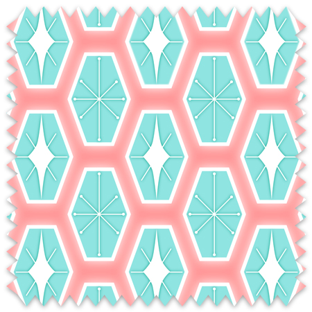 The artwork consists of a repeating geometric pattern featuring hexagonal shapes filled with two different designs. One design inside the hexagons includes a symmetrical starburst or asterisk-like figure with lines radiating from a central point, each line ending in a small circle. The other design features a white diamond shape with extended pointed ends within the teal hexagon. These hexagons are outlined with a white border and set against a soft teal background creating a vibrant, retro aesthetic. The use of white, and pink colors, along with the symmetrical arrangement, gives the pattern a mid-century modern, playful style.